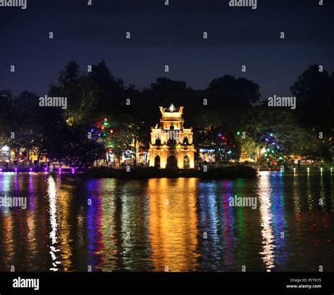 Hoan Kiem Lake with Thap Rua temple at night, Hanoi, Vietnam, Asia ...