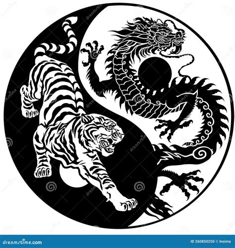 Silueta De Tigre Y Dragón Yin Yang Tatuaje Ilustración Del Vector Ilustración De Tatuaje