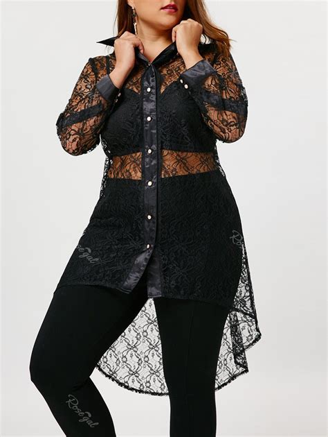 2018 Plus Size Sheer High Low Lace Shirt In Black 2xl