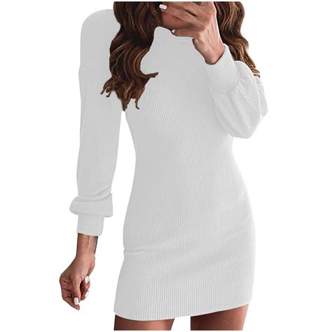 Sakmal Crew Neck Plus Size Dresses For Curvy Women Ribbed White Slim Long Sleeve Short Bodycon