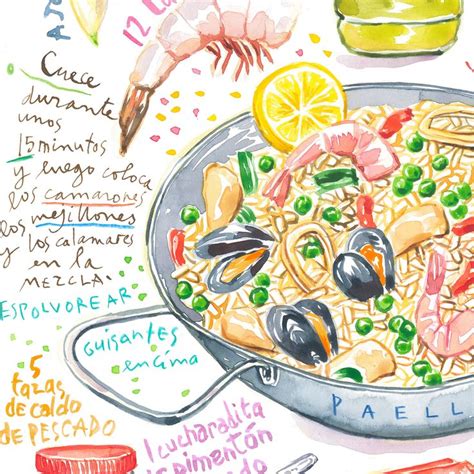 Spanish Paella Watercolor Illustration Recipe Poster Spain Cooking In