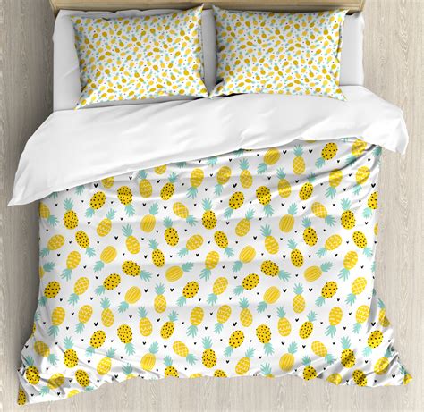 Exotic Queen Size Duvet Cover Set Hand Drawn Pineapples And Hearts