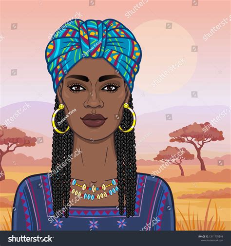 Animation Portrait Beautiful Black Woman Turban Stock Vector Royalty