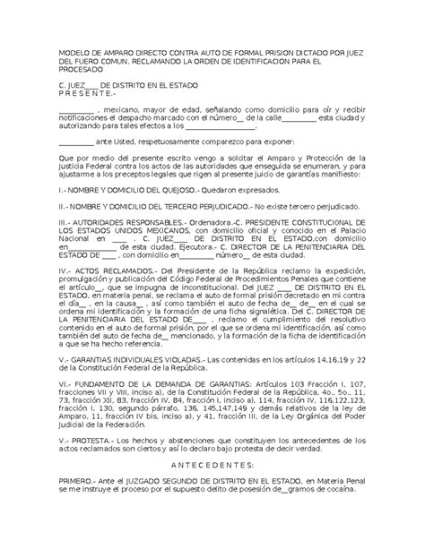 Amparo Contra AUTO Formal Prision MODELO DE AMPARO DIRECTO CONTRA