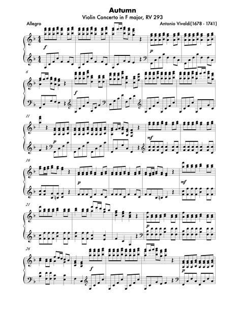 Piano Music Sheets The Four Seasons Violin Concerto No In F Major