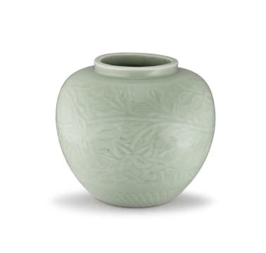 A Carved Longquan Celadon Glazed Floral Jar Ming Dynasty Strauss Co