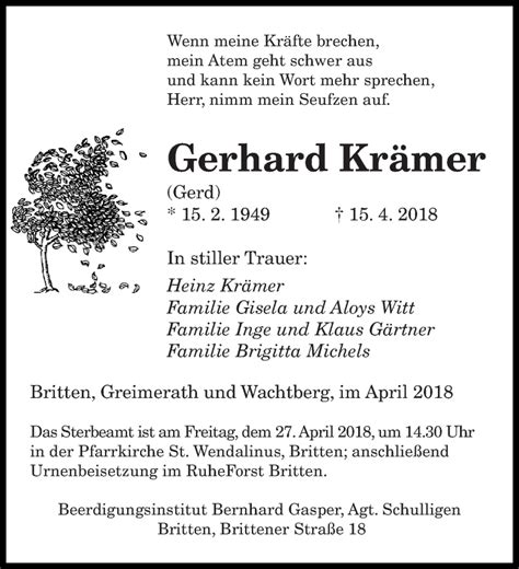 Traueranzeigen von Gerhard Krämer Saarbruecker Zeitung Trauer de