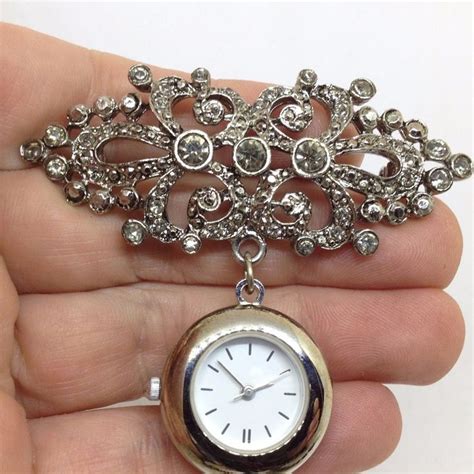 Signed MONET Vintage WATCH BROOCH PIN Rhinestone Silver Tone Costume