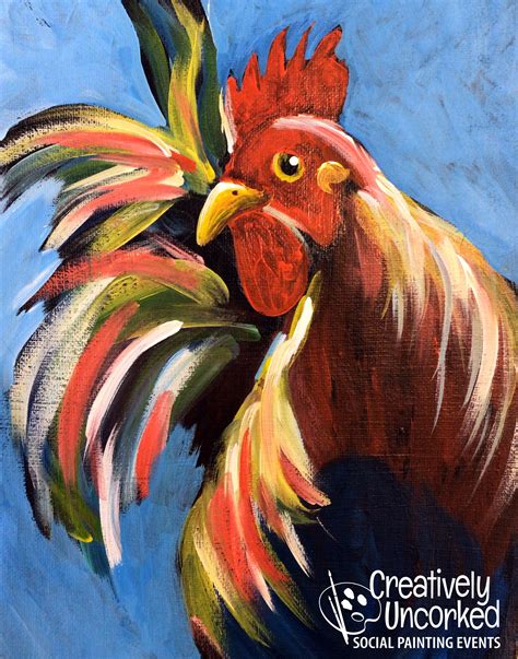 Rooster Painting on Blue Background