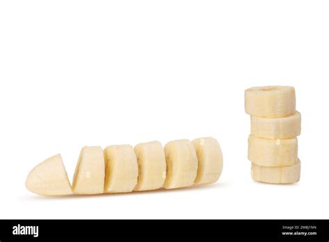 fresh raw banana cut  pieces isolated  white background stock