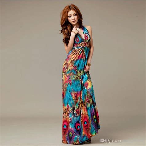 Maxi Dresses Plus Size Summer Dresses 2015 Fashion Bohemian Printing Color Peacock Flower Milk