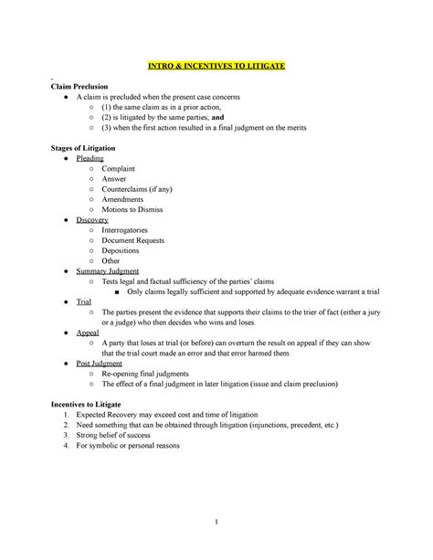 Civ Pro Ii Outline Intro Incentives To Litigate Claim Preclusion A