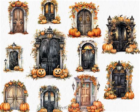 Creepy Doors Watercolor Clipart PNG Halloween Doors Autumn - Etsy