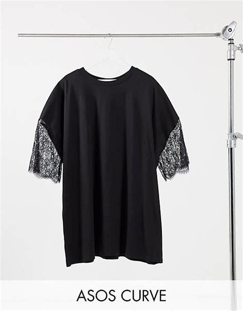 Asos Design Curve Oversized T Shirtjurk Met Kant In Zwart Asos