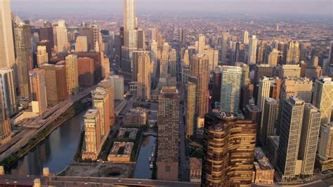 Aerial Sunrise View Downtown Chicago Stock Footage Video 100 Royalty