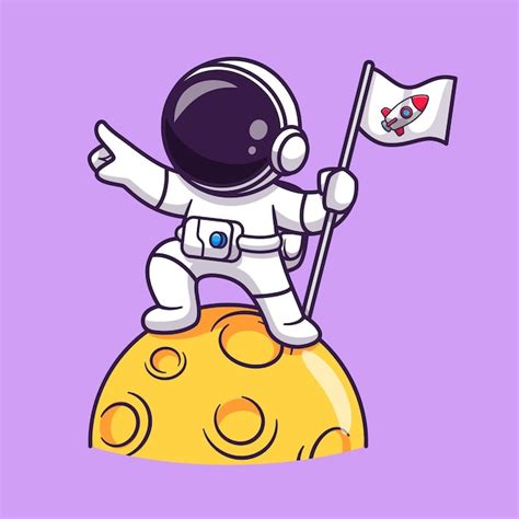 Bonito Astronauta Segurando A Bandeira Na Lua Dos Desenhos Animados