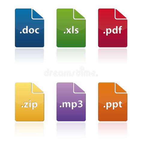 Colorful File Icons In Various Formats Doc Xls Pdf Zip Mp3 Ppt Stock