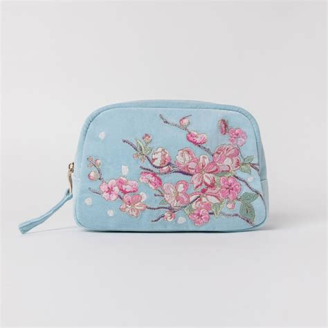 Elizabeth Scarlett Cherry Blossom Velvet Cosmetic Bag Sky Blue