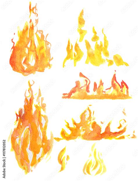 Watercolor flame set. Different kids of flames and fire. Fire element. Light, heat and danger ...