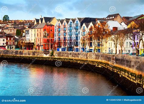 Bank of the River Lee in Cork, Ireland City Center with Various Shops ...