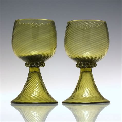 Pair Edwardian Olive Green Wrythen Wine Glass C1910 Drinking Glasses Exhibit Antiques