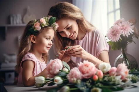 Una madre y su hija están sentadas en una mesa con flores Foto Premium