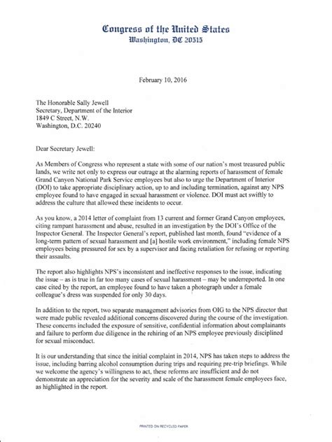 Letter To Dept Of Interior Secretary Sally Jewell Regarding Sexual Harassment Reports Sexual