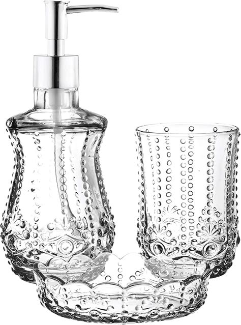 American Atelier Arya Glass 3 Piece Bathroom Accessory Set Includes Lotion Pump Dispenser Soap