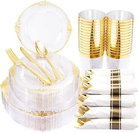 Amazon Mifoci 700 Pcs Gold Plastic Dinnerware Set Gold Disposable