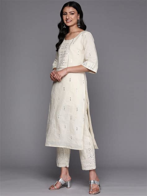 Buy Off White Embroidered Cotton Straight Kurta With Palazzos And Dupatta