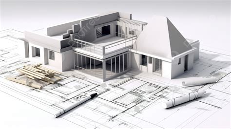 白色背景上具有 3d 房屋和工具的建築藍圖 建築項目 草稿 施工圖背景圖片和桌布免費下載