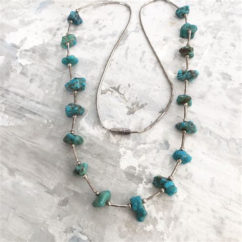 Vintage Navajo Liquid Silver And Turquoise Nugget Necklace