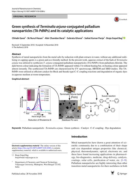 Pdf Green Synthesis Of Terminalia Arjuna Conjugated Palladium