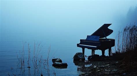 Piano Floating on Calm Water With Scenic View | Premium AI-generated image