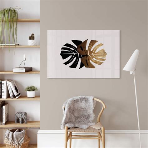 Tableau Sur Verre Acrylique Kubistika Monstera Noir Et Or Wall Art Fr