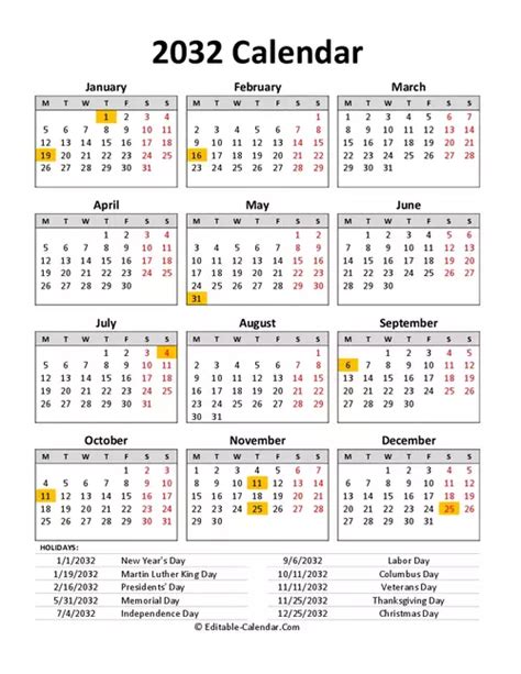 2032 Calendar with US holidays, Editable in Excel, Word, PDF