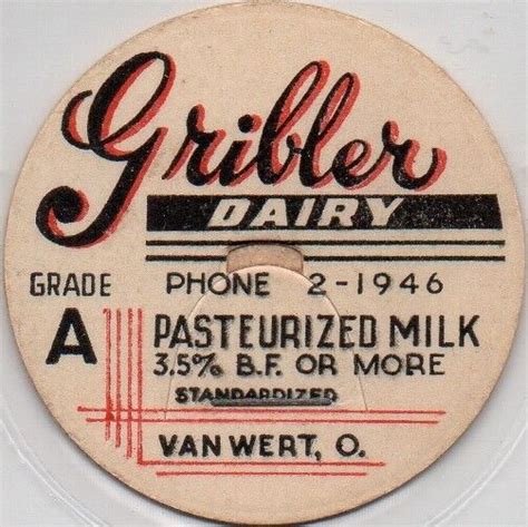 Milk Bottle Cap Gribler Dairy Van Wert Ohio MILK EBay