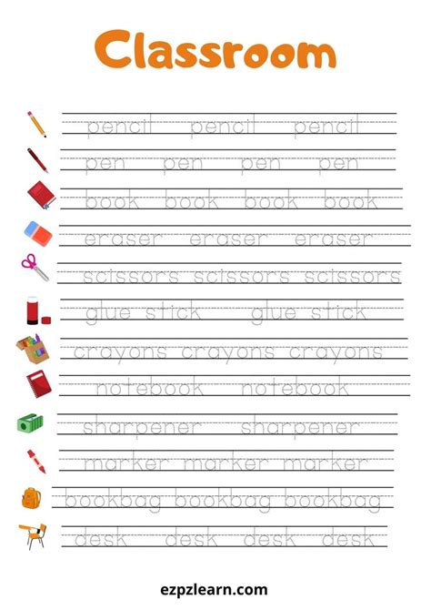 Classroom Objects Word Tracing Worksheet Tracing