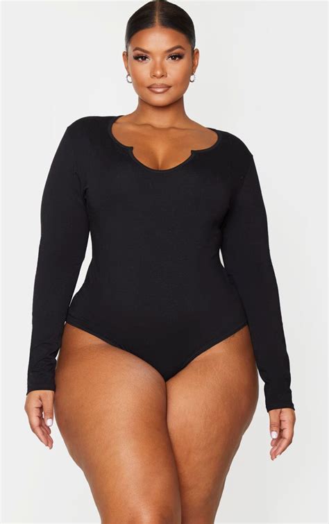 Plus Black Cotton V Neck Bodysuit Plus Size Prettylittlething Usa Curvy Sexy Dresses Curvy