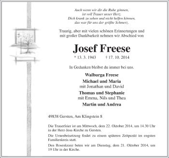 Traueranzeigen Von Josef Freese Noz Trauerportal