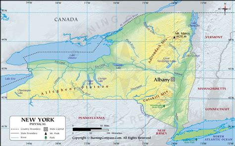 New York Physical Map Showing Geographical Physical Features With