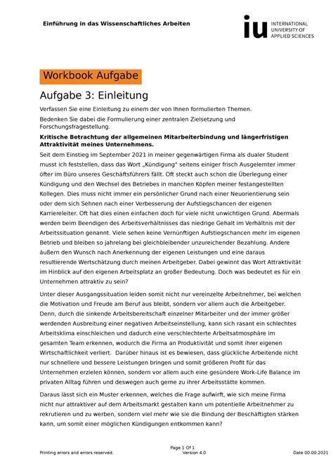 Einleitung Essay Wissenschaftliches Arbeiten Workbook Aufgabe Aufgabe