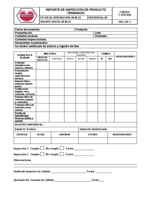 Reporte De Inspección De Producto Terminado Pdf