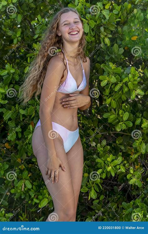 Lovely Blonde Bikini Model Posing Outdoors On A Caribbean Beach Stock