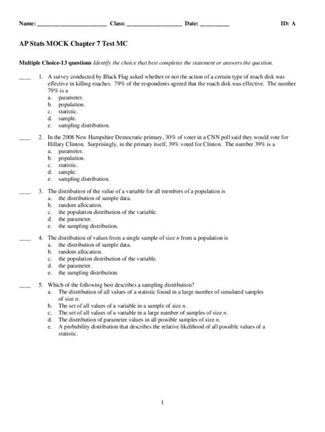 Fillable Online Ap Statistics Unit 7 Progress Check Mcq Part A