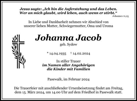 Traueranzeigen Von Johanna Jacob Trauer Nordkurier