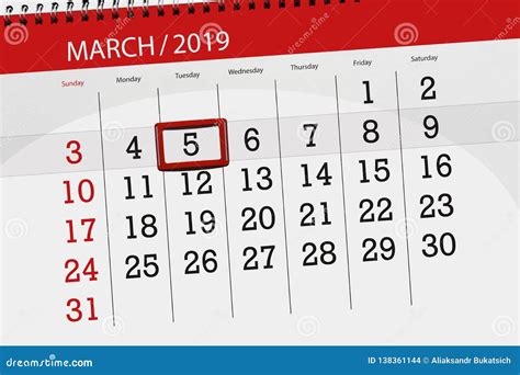 Calendar Planner for the Month March 2019, Deadline Day, 5, Tuesday ...