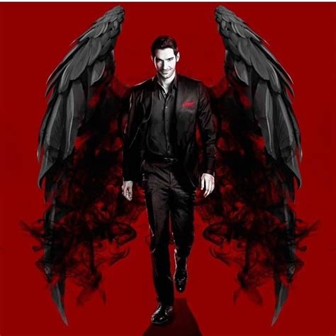 a man with black wings walking across a red background