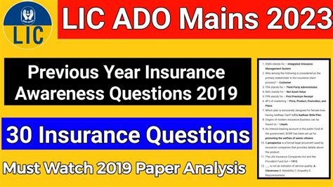 LIC ADO Mains Previous Year Insurance Awareness Questions Memory Based