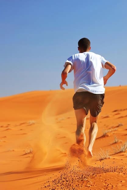 Athlete Running Barefoot On Desert Dunes Sand Flying Intense Heat